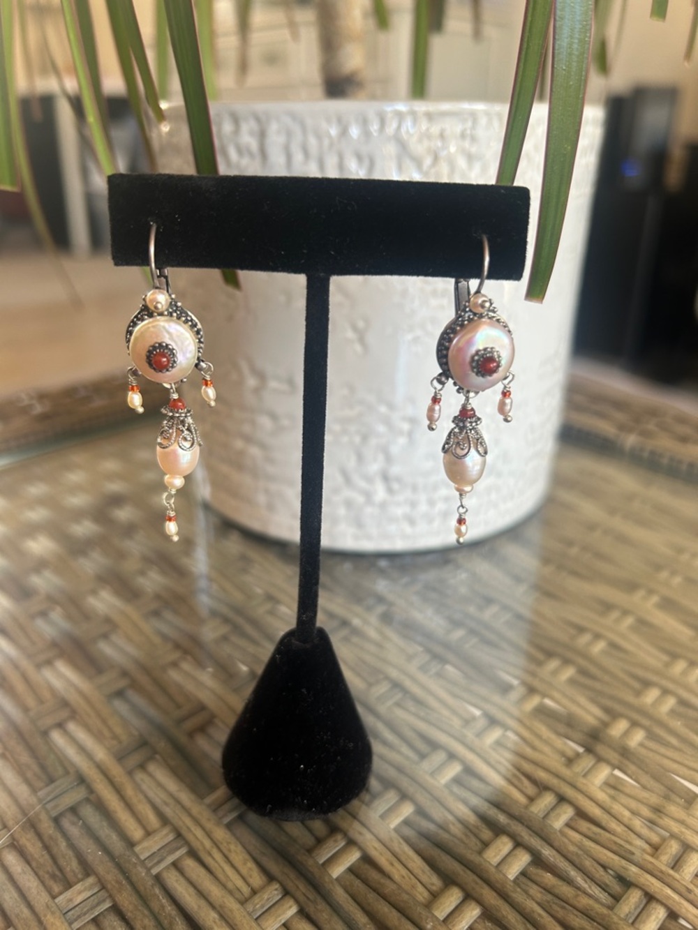 Delicate Pearl Drop Earrings with Coral Accents